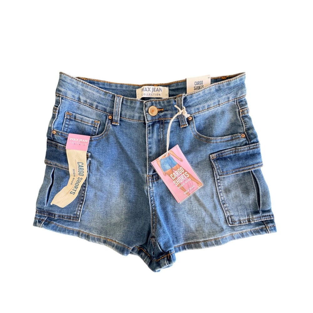 Wax Jean Collection Womens High Rise Denim Cargo Shorts Blue Size M NWT